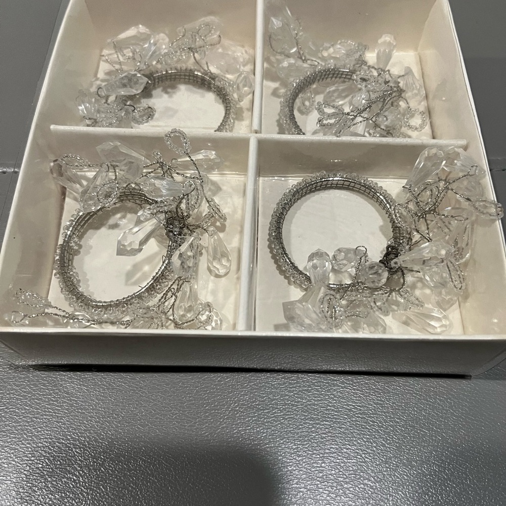 Elegant Silver and Crystal Napkin Ring Set of Four